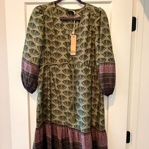 GO BY GO SILK Olive and Mauve Patterned Tiered Dress